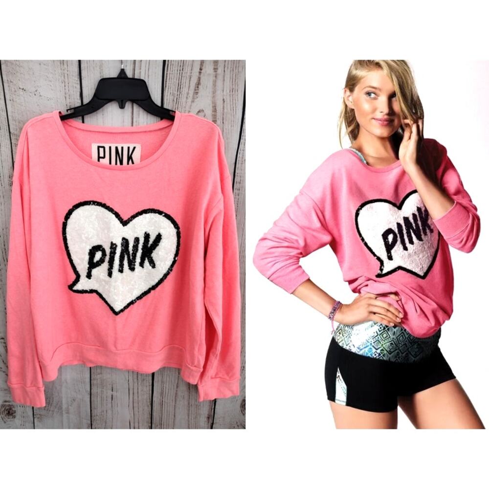Victoria's Secret PINK Y2K Pink Sequin Conversation Heart Slouchy Sweater Large